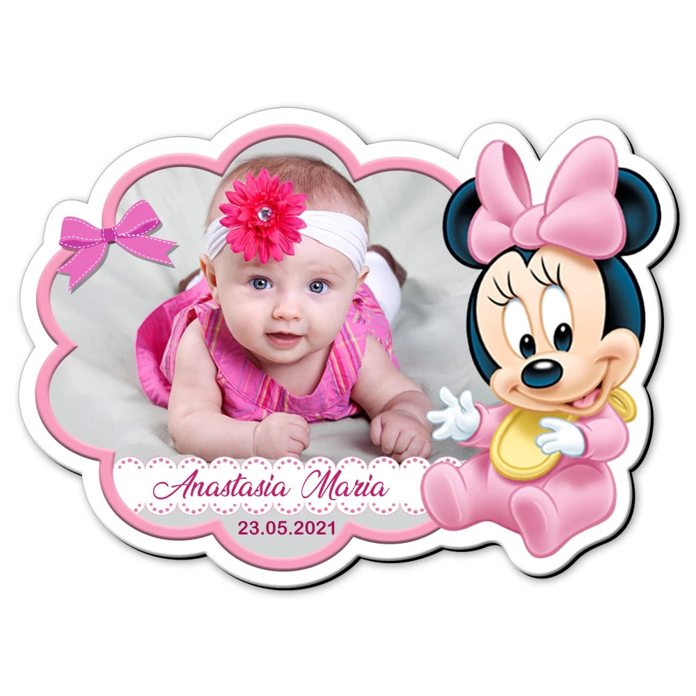 Personalisierter Taufmagnet mit ausgeschnittenem Minnie-Maus-Rahmen – MRG-01